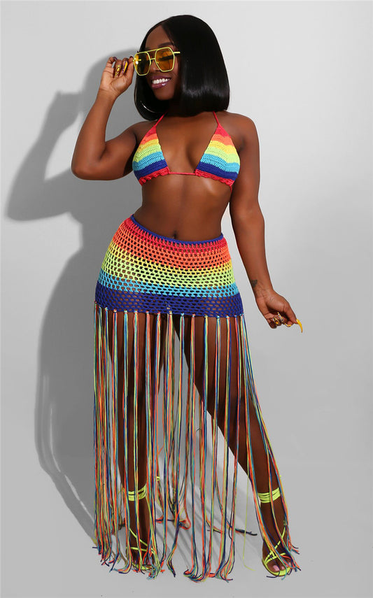 Sexy 2 Piece Rainbow Crochet Long Tassel Skirt Set