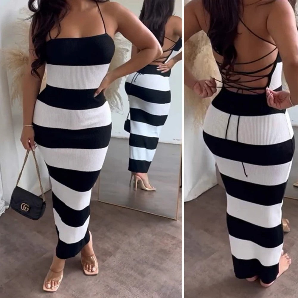 Summer Fashion Knitted Black and White Stripe Vacation Dress