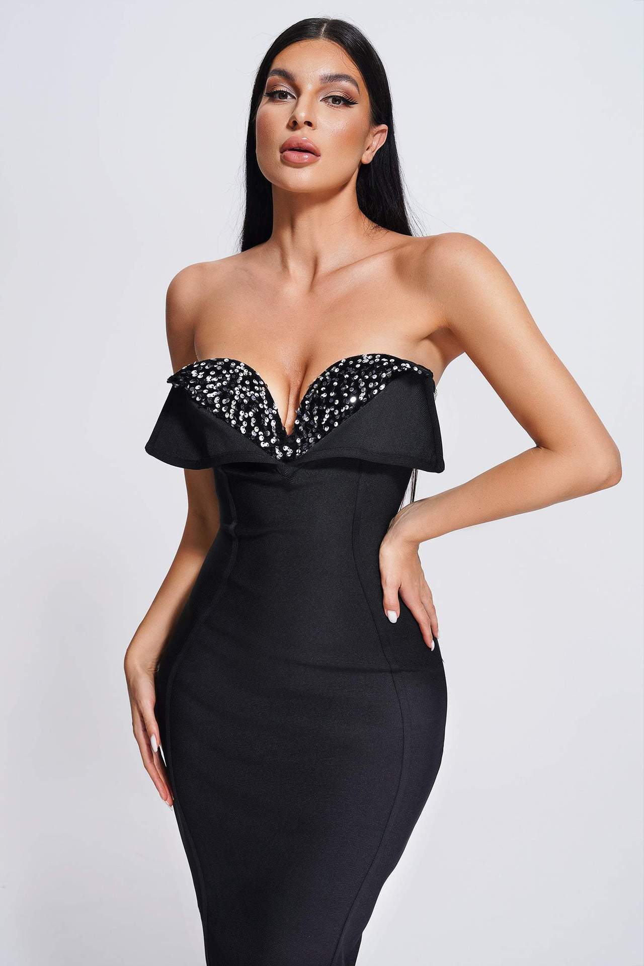 Aria Sequined Strapless Black Bandage Dress