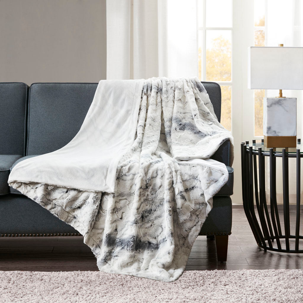 Oversized Faux Fur Throw Blanket - Gray/White