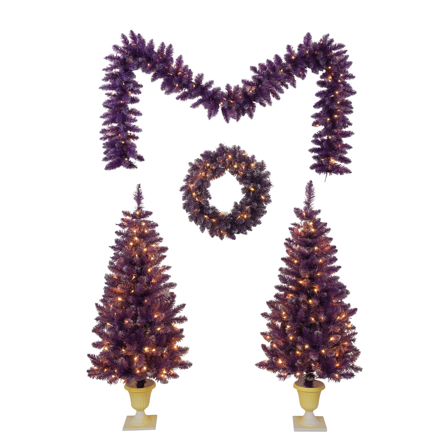 Pre-lit Christmas Artificial Tree 4-Piece Set, Garland, Wreath and Set of 2 Entrance Trees, X-mas with LED Lights, Purple