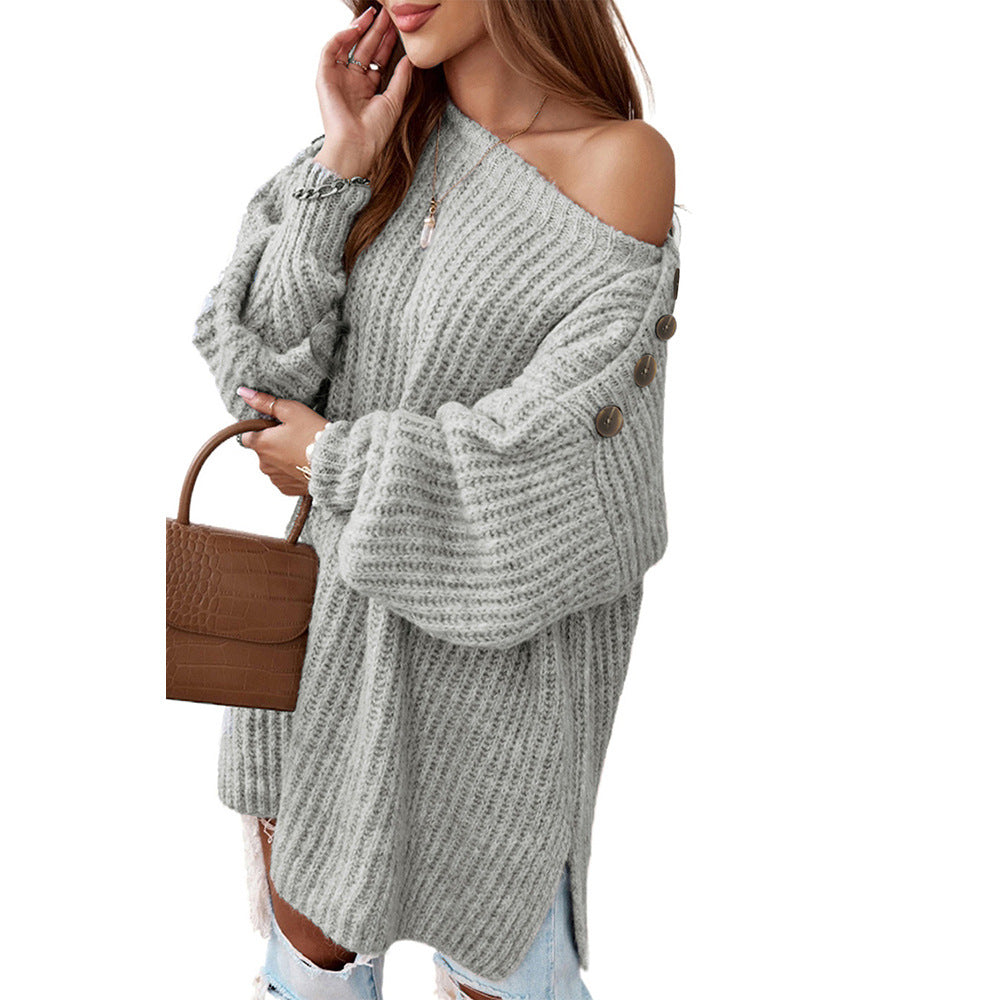 Gray Off-The Shoulder Button Detail Oversized Sweater