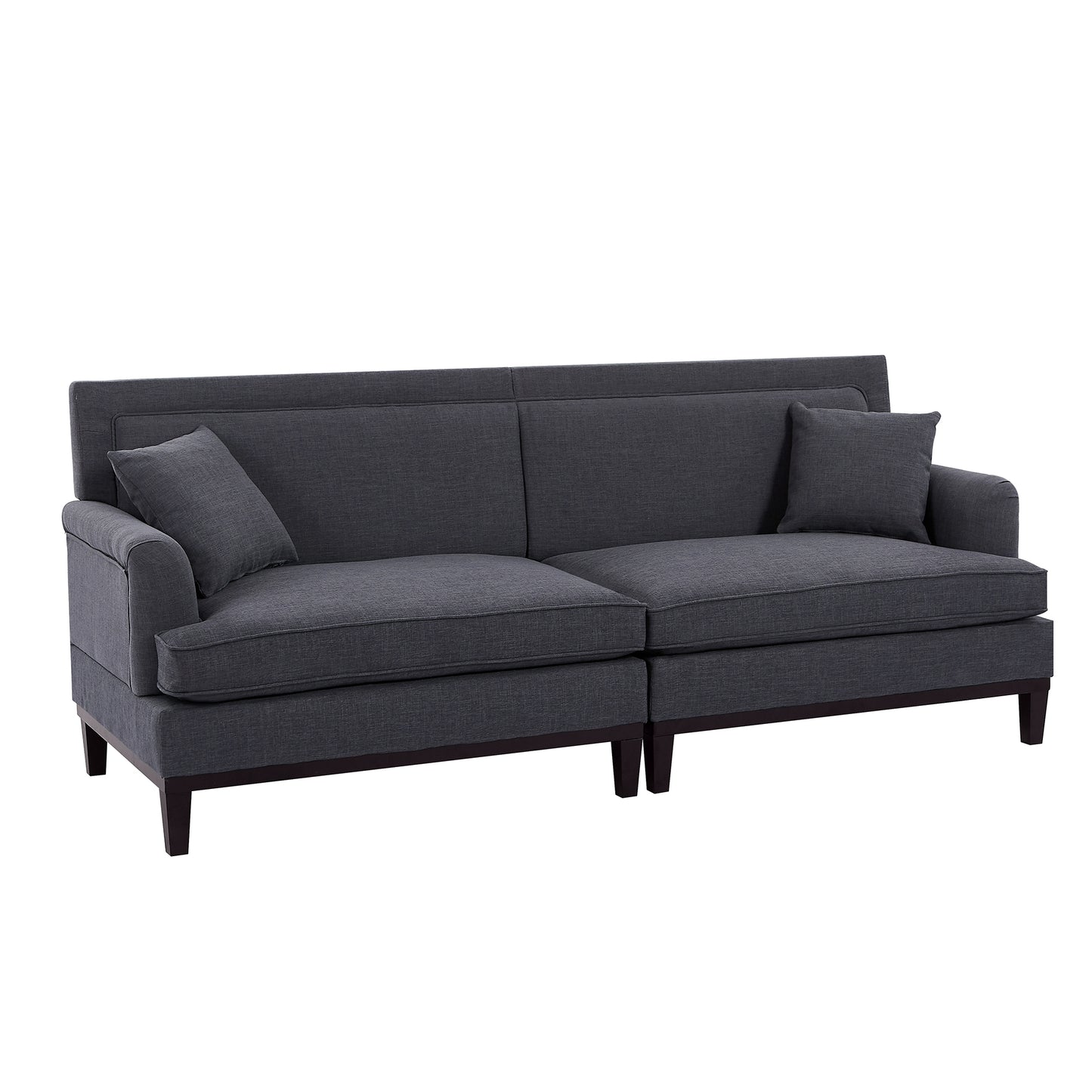 Grey Upholstered Modern Sofa with Wooden Legs and Two Throw Pillows