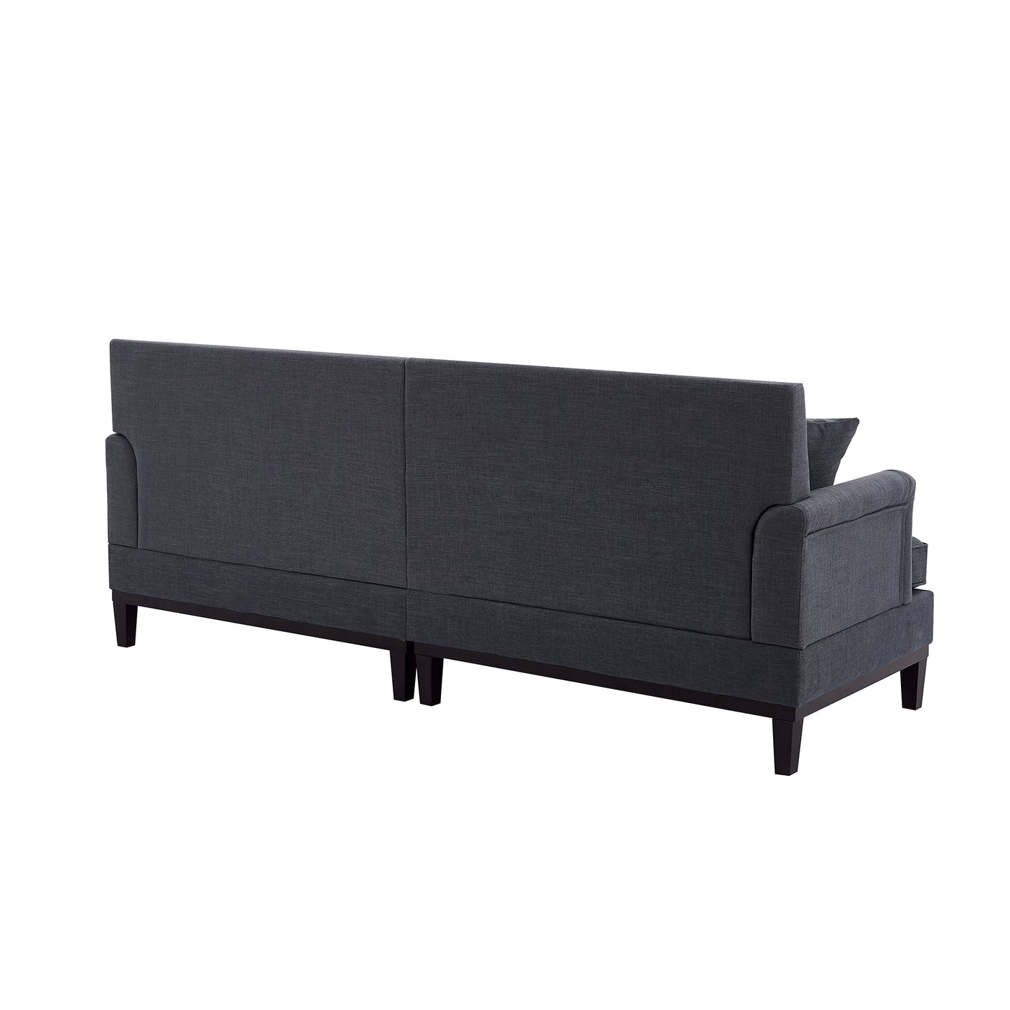 Grau gepolstertes modernes Sofa mit Holzbeinen und zwei Kissen