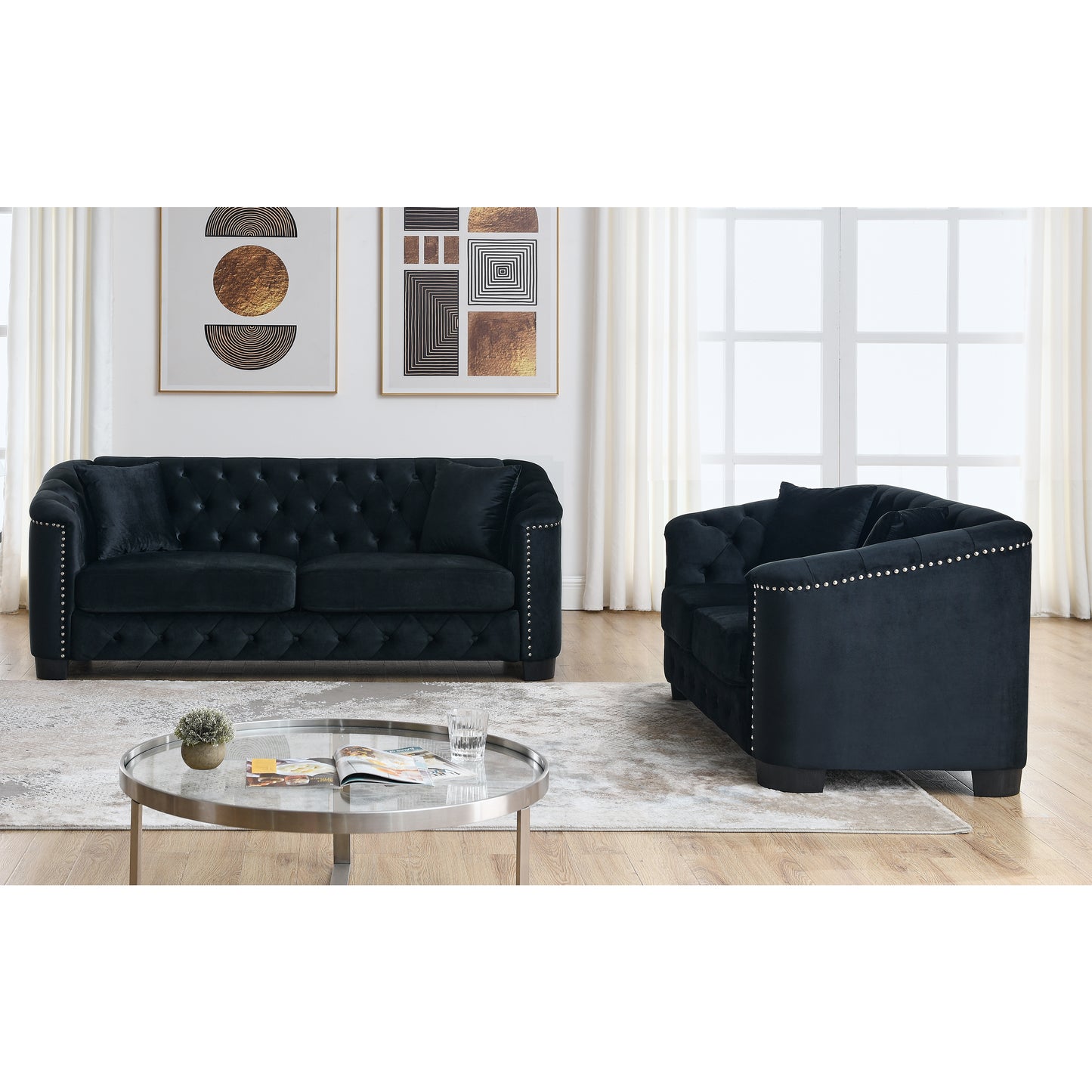 Tufted Black Velvet Living Room Sofa Set