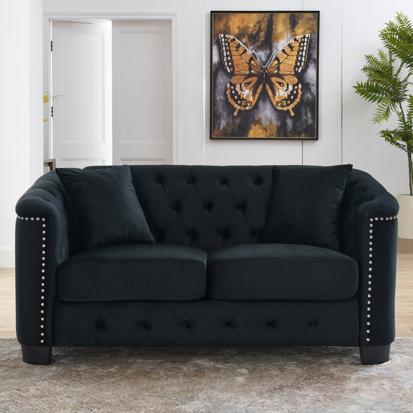 Tufted Black Velvet Living Room Sofa Set