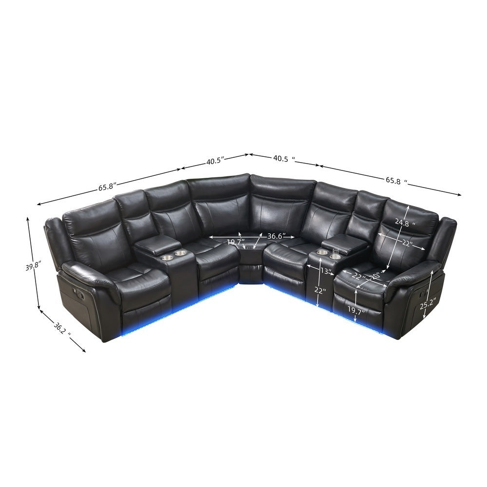 Black Power Reclining Sectional Sofa W/LED Strip & Phone Charger