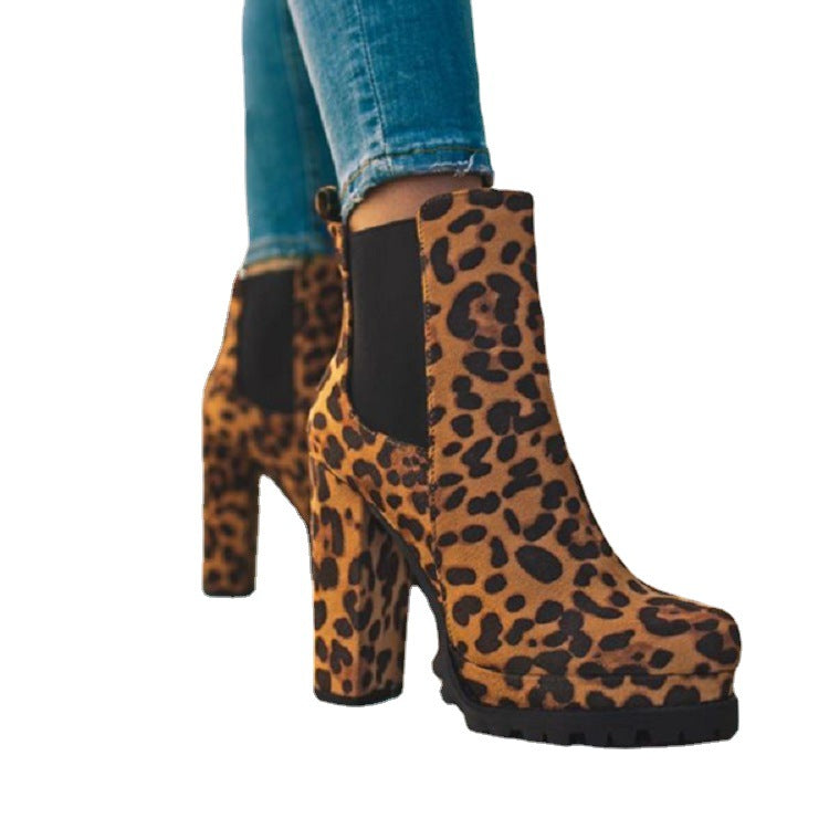 Round-toe Platform Ankle Boots Leopard/Black/Burgundy