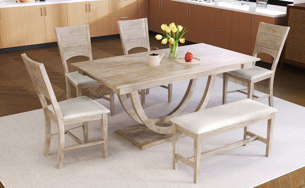 TOPMAX 6-teiliges halbrundes Esstisch-Set aus Holz, Küchentisch-Set mit langer Bank und 4 Esszimmerstühlen, moderner Stil, natürlich