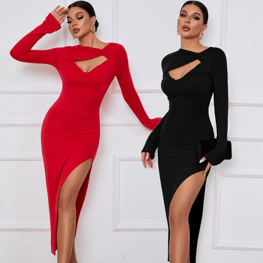 Sexy Slit Long Sleeve Maxi Dress - Black/ Red