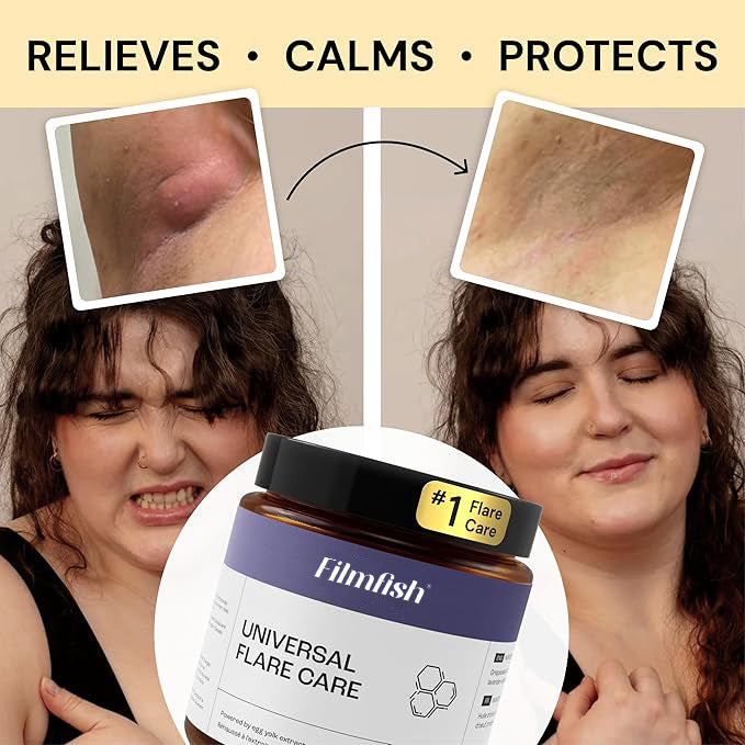 Before and after comparison of a person using Universal Flare Care with a jar of the product in the foreground.