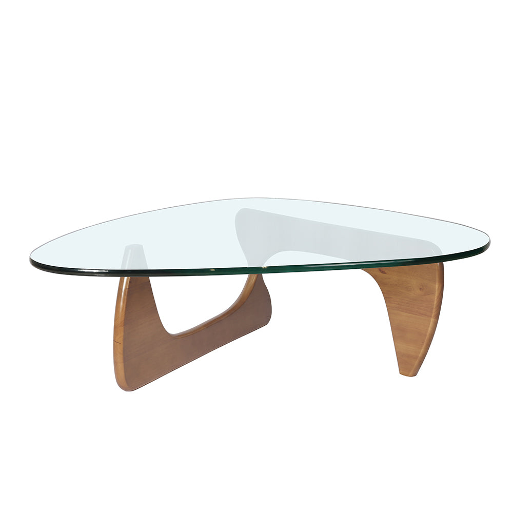 Giovanni Glass Top Light Walnut Wood Triangle Base Coffee Table