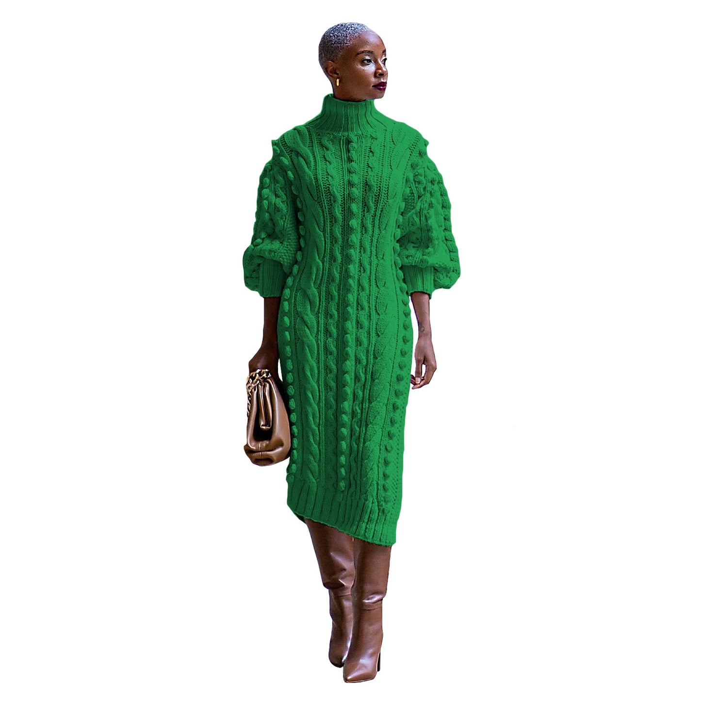 Women's Turtleneck Long Slit Knitted Sweater Dress