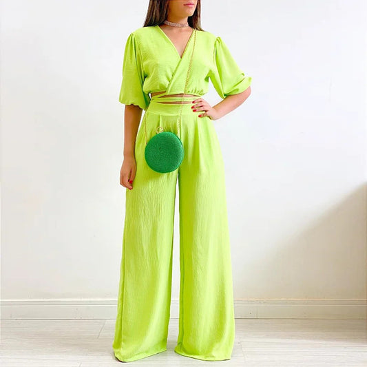 Summer Fluorescent Cropped Top and Pants Set