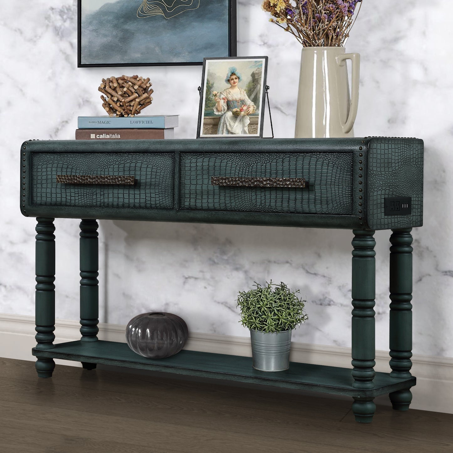 Pine Wood Crocodile Skin Sofa Console Table (2 Power Outlets + 2 USB Ports) Antique Green
