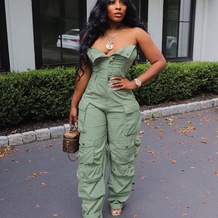 Strapless Army Green or Light Blue Buttoned Up Jumpsuit