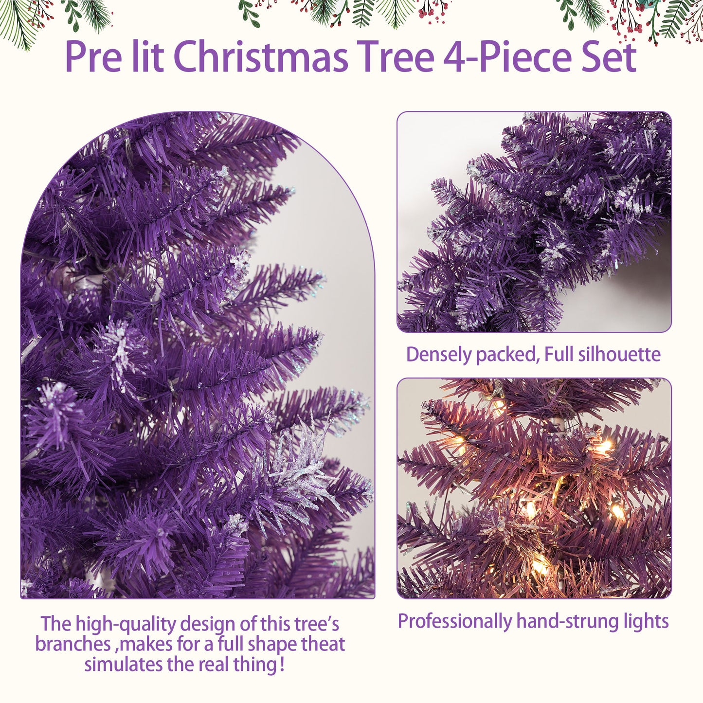 Pre-lit Christmas Artificial Tree 4-Piece Set, Garland, Wreath and Set of 2 Entrance Trees, X-mas with LED Lights, Purple