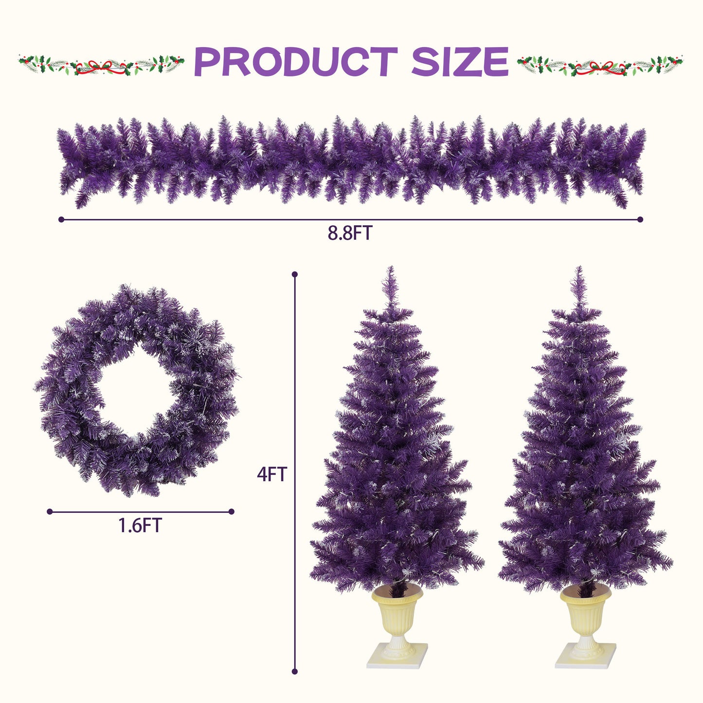 Pre-lit Christmas Artificial Tree 4-Piece Set, Garland, Wreath and Set of 2 Entrance Trees, X-mas with LED Lights, Purple