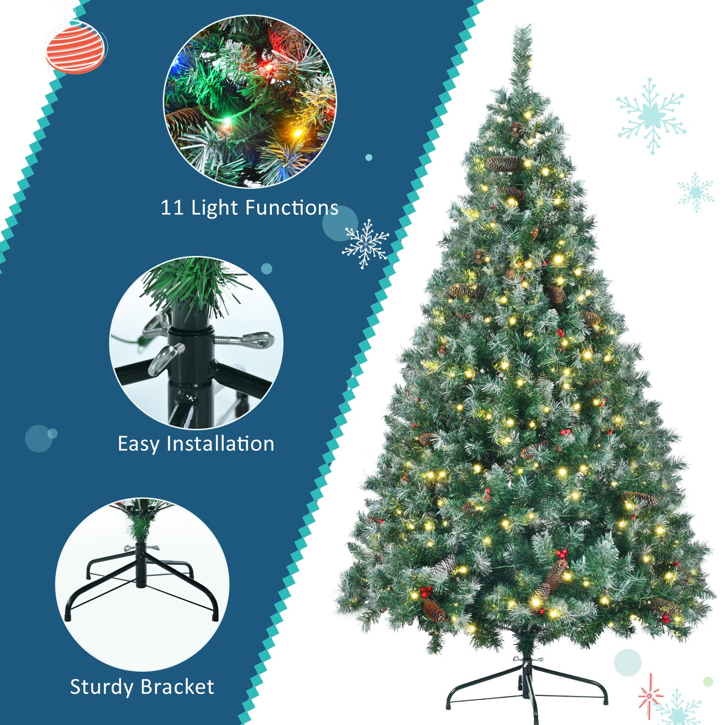 6FT Dark Green Pine Christmas Tree, Pre-Lit Set with Tree & Garland & Wreath, Hinged Artificial Xmas Tree with White Tips, Red Berries and Pine Cones, 11 Colorful Modes, Indoor Holiday Decoration