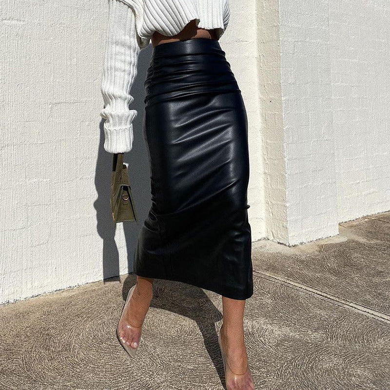 Leather Back Slit Long Skirt (2 Colors)
