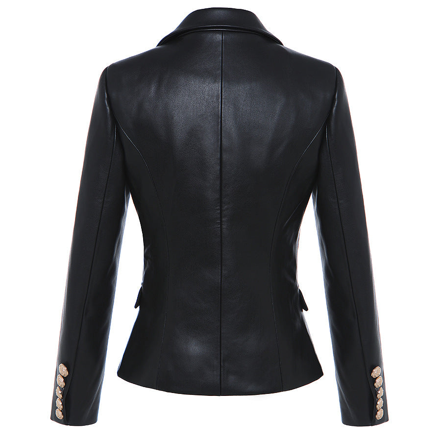 Black Double-Breasted Leather Suit Jacket