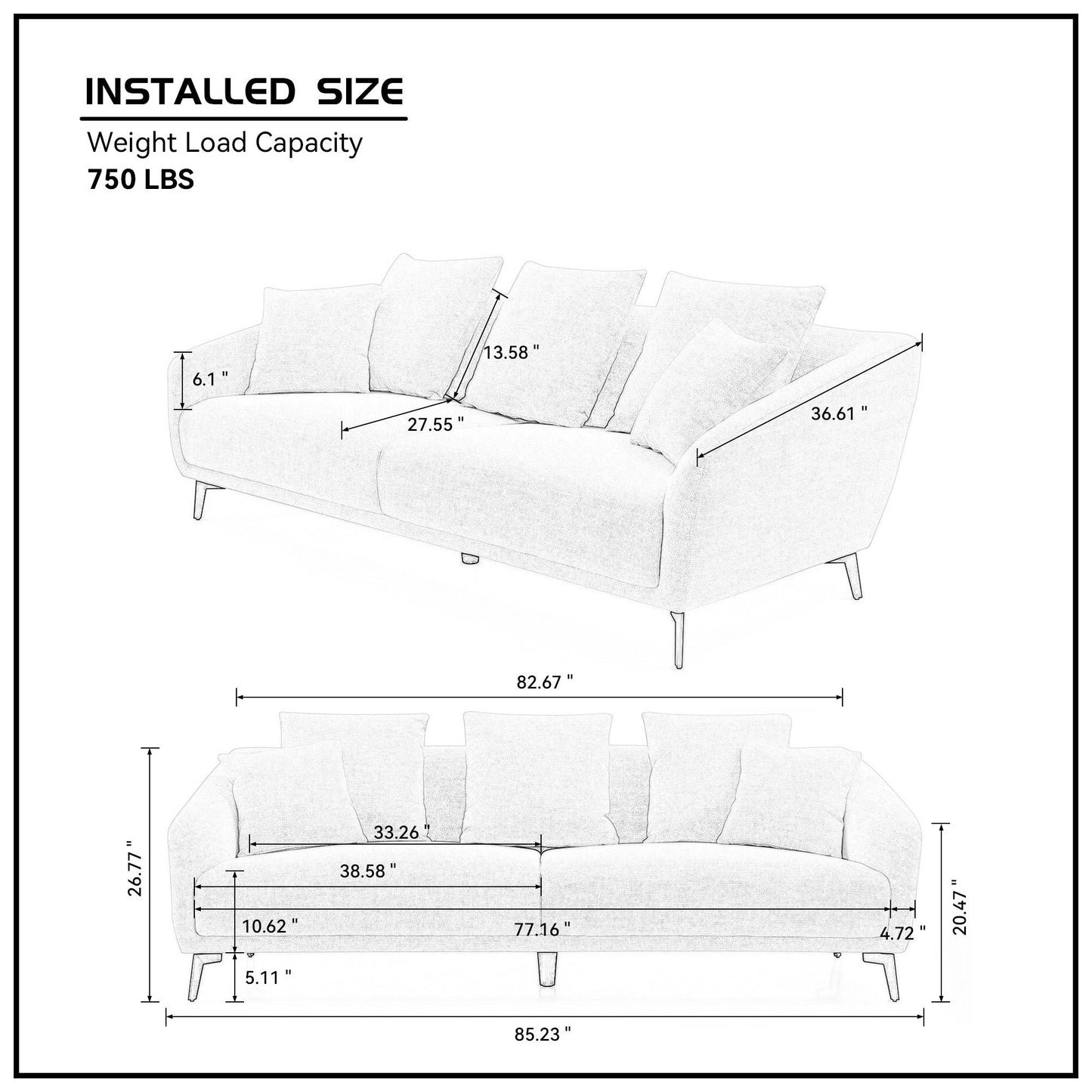 Maison Modern Fabric Upholstered Sofa Three Cushions & 2 Pillows - Light Grey