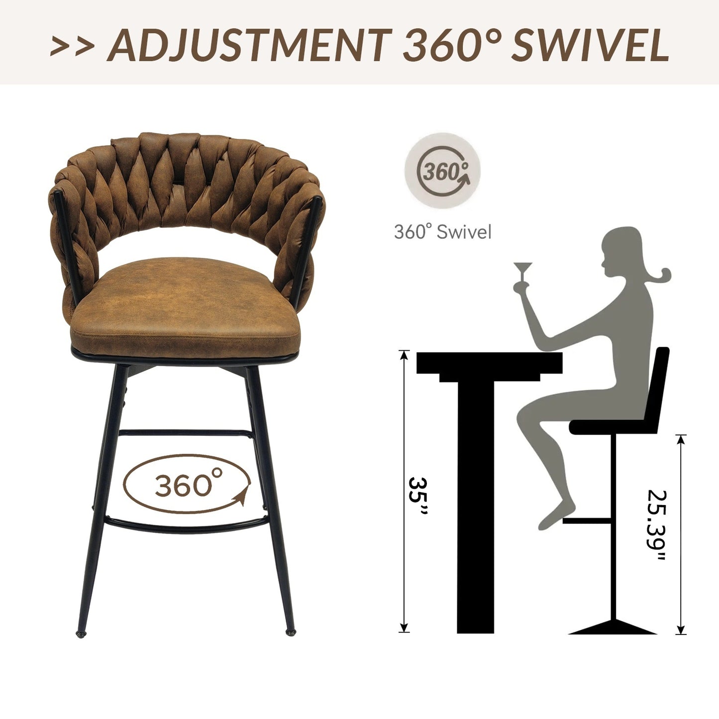 Woven Technical Leather Counter Bar Stool 360 Swivel- Set of 2 (Brown)