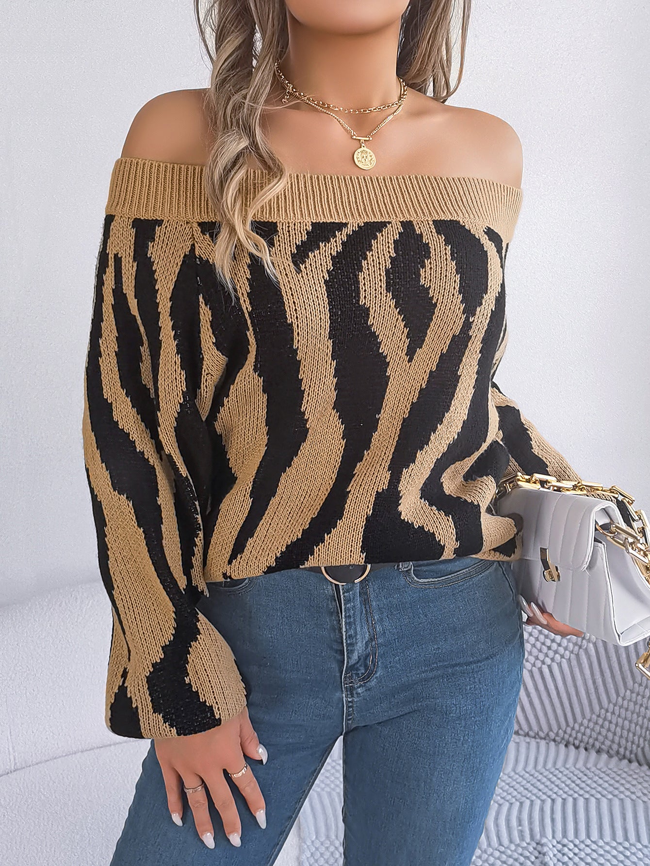Off-the-shoulder Zebra Stiped Sweater (3 Colors)