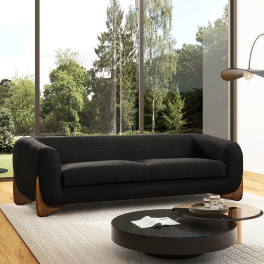Mid-Century Modern Black Bouclé Sofa – Curved Silhouette with Walnut Wood Base | Luxury Statement Seating for Contemporary Spaces 90.5' Sherpa Sofa