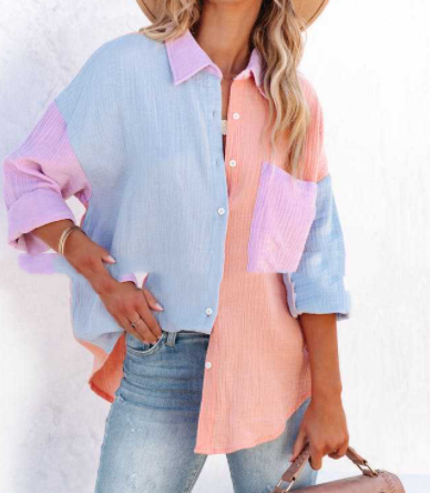 Highlights Color Block Long Sleeve Women's Buttoned Shirts