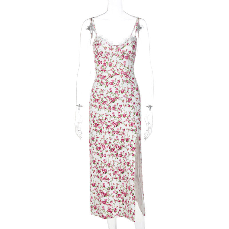 Lace Floral Print Long Split Summer Dress
