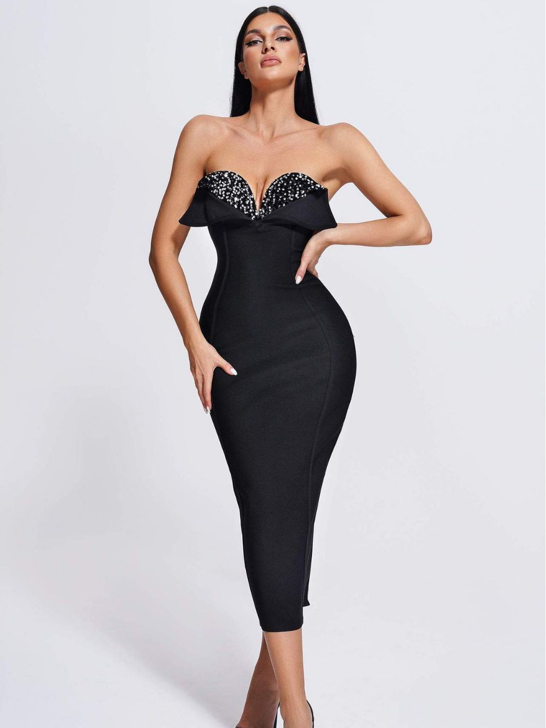Aria Sequined Strapless Black Bandage Dress