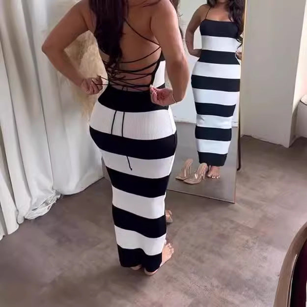 Summer Fashion Knitted Black and White Stripe Vacation Dress