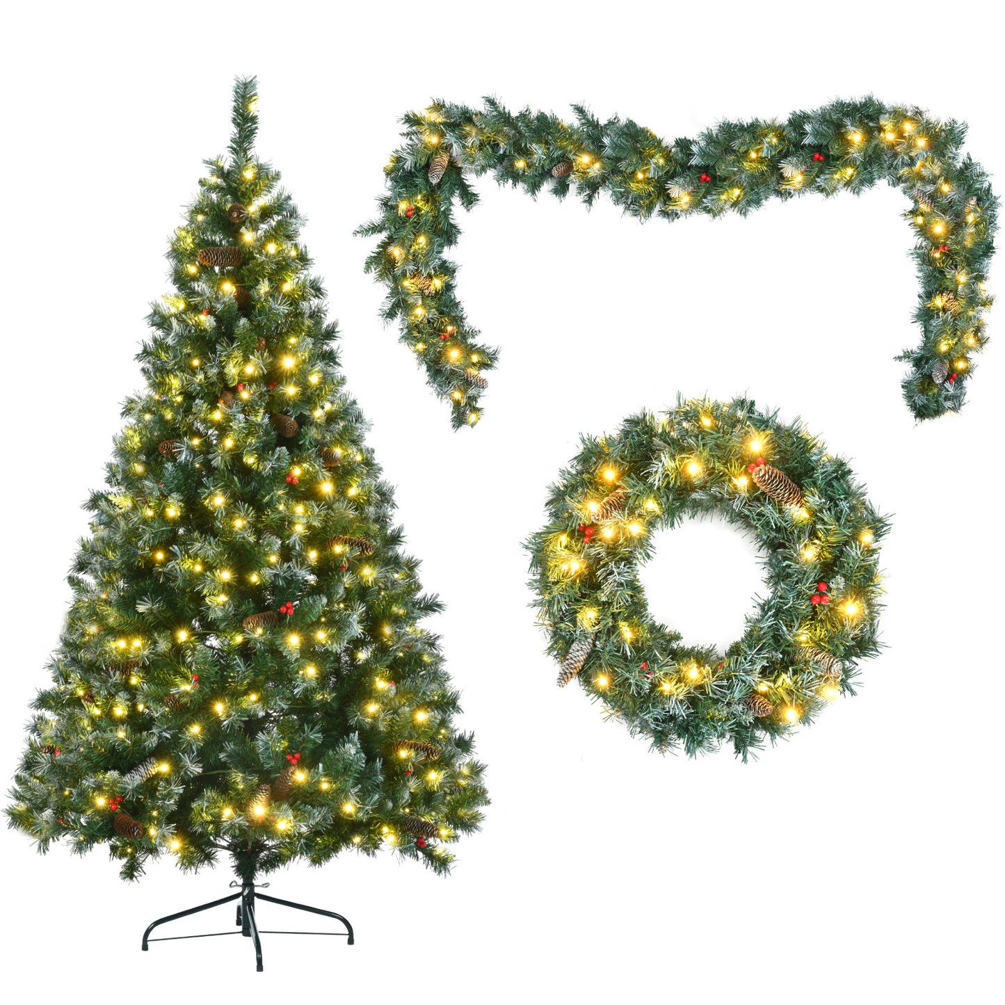 6FT Dark Green Pine Christmas Tree, Pre-Lit Set with Tree & Garland & Wreath, Hinged Artificial Xmas Tree with White Tips, Red Berries and Pine Cones, 11 Colorful Modes, Indoor Holiday Decoration