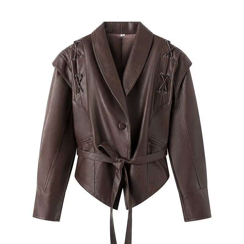 Victoria Faux Leather Tie Front V-Cut Jacket