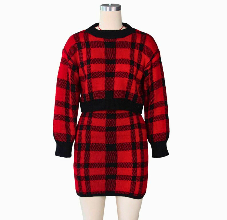 Checkered Two-piece Sweater Skirt Set