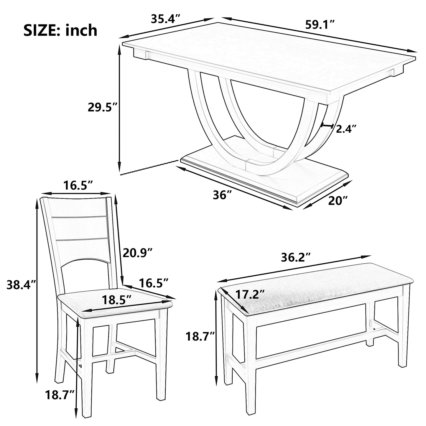 TOPMAX 6-teiliges halbrundes Esstisch-Set aus Holz, Küchentisch-Set mit langer Bank und 4 Esszimmerstühlen, moderner Stil, natürlich