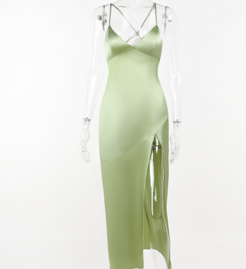 Green Satin Strap Back Long Slit Dress