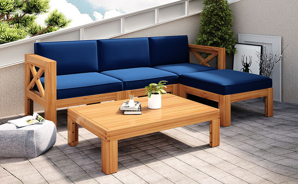 5-Piece Wood Outdoor Sectional Sofa Patio Set with Blue Cushions