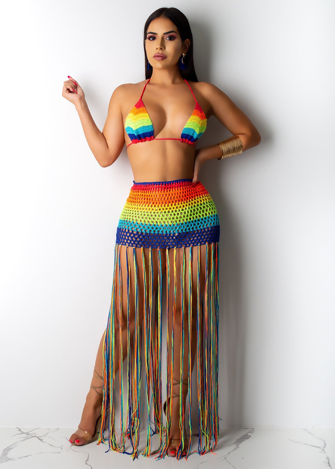 Conjunto sexy de falda larga con borlas de crochet arcoíris de 2 piezas
