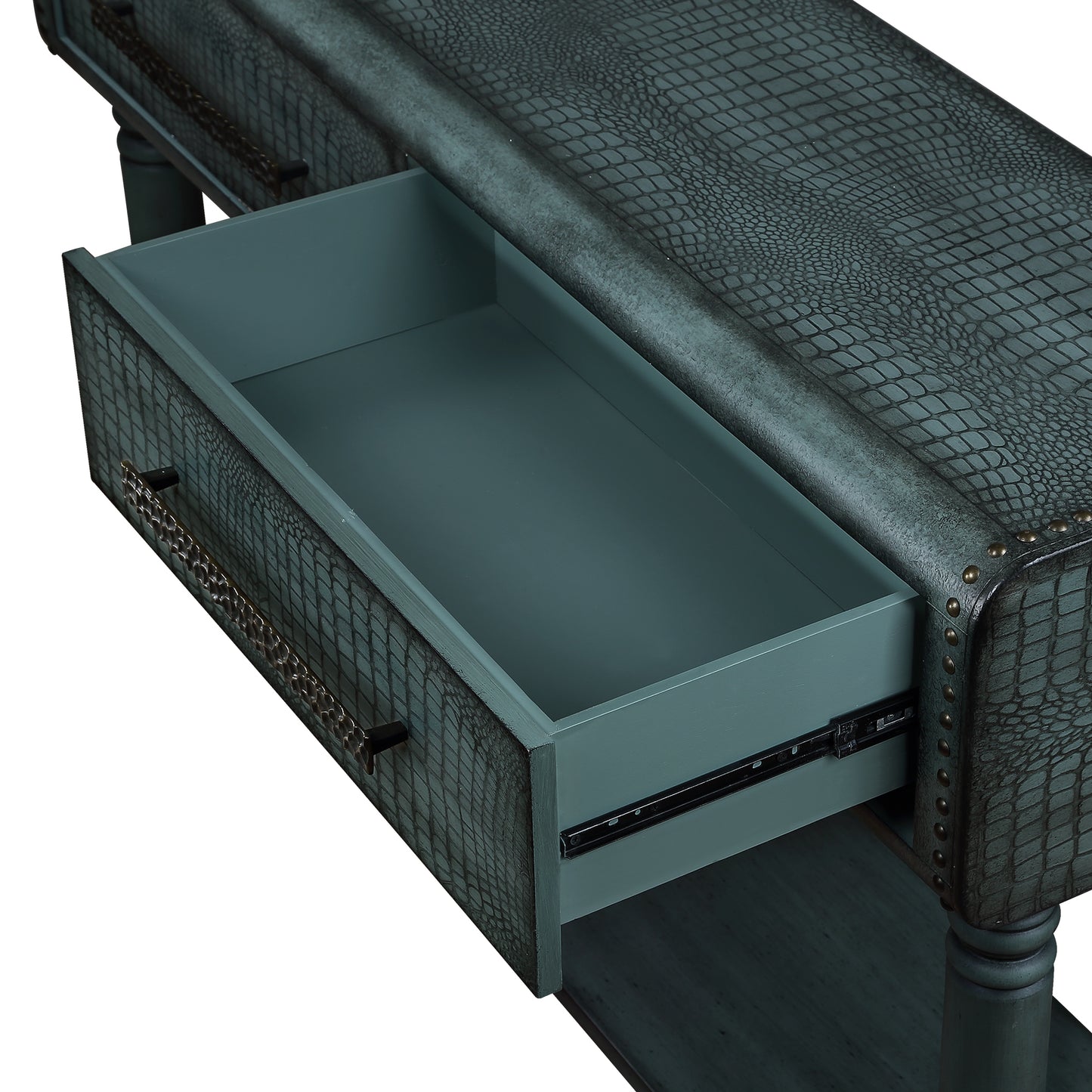 Mesa consola para sofá de piel de cocodrilo de madera de pino (2 tomas de corriente + 2 puertos USB) verde antiguo