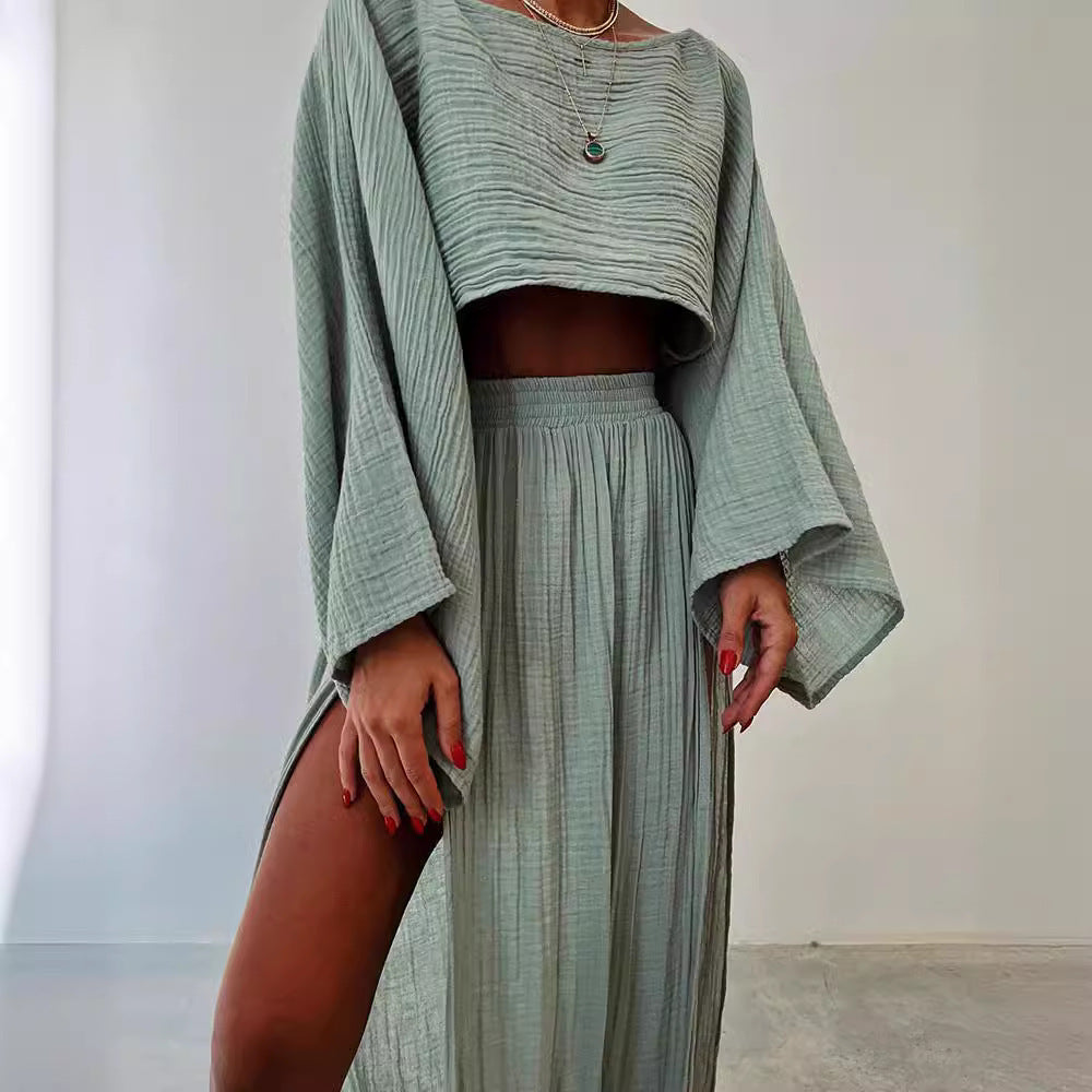 Linen Blend Splits Two-piece Skirt Set