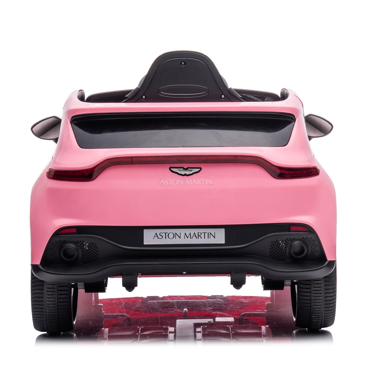 Aston Martin Coche eléctrico para niños con control remoto de doble tracción de 12 V, coche para niños con batería rosa, vehículo de juguetes para niños de 4 ruedas, faros LED, control remoto, música, USB