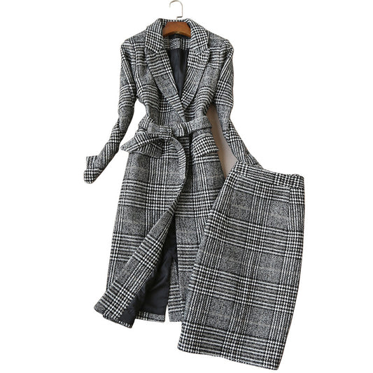 Checkered Pencil Skirt with Matching Overcoat Set