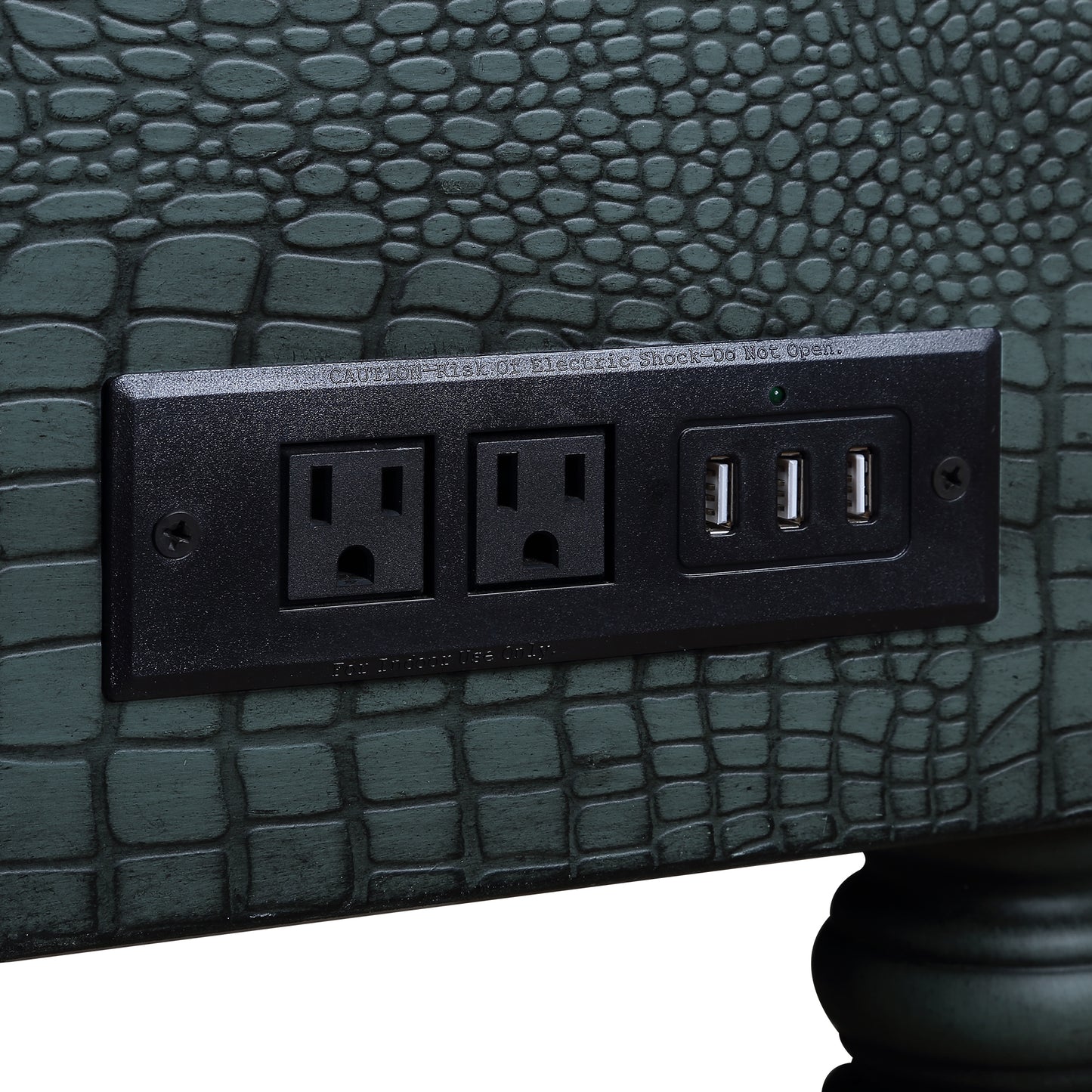 Sofa-Konsolentisch aus Kiefernholz mit Krokodilleder (2 Steckdosen + 2 USB-Anschlüsse), Antikgrün