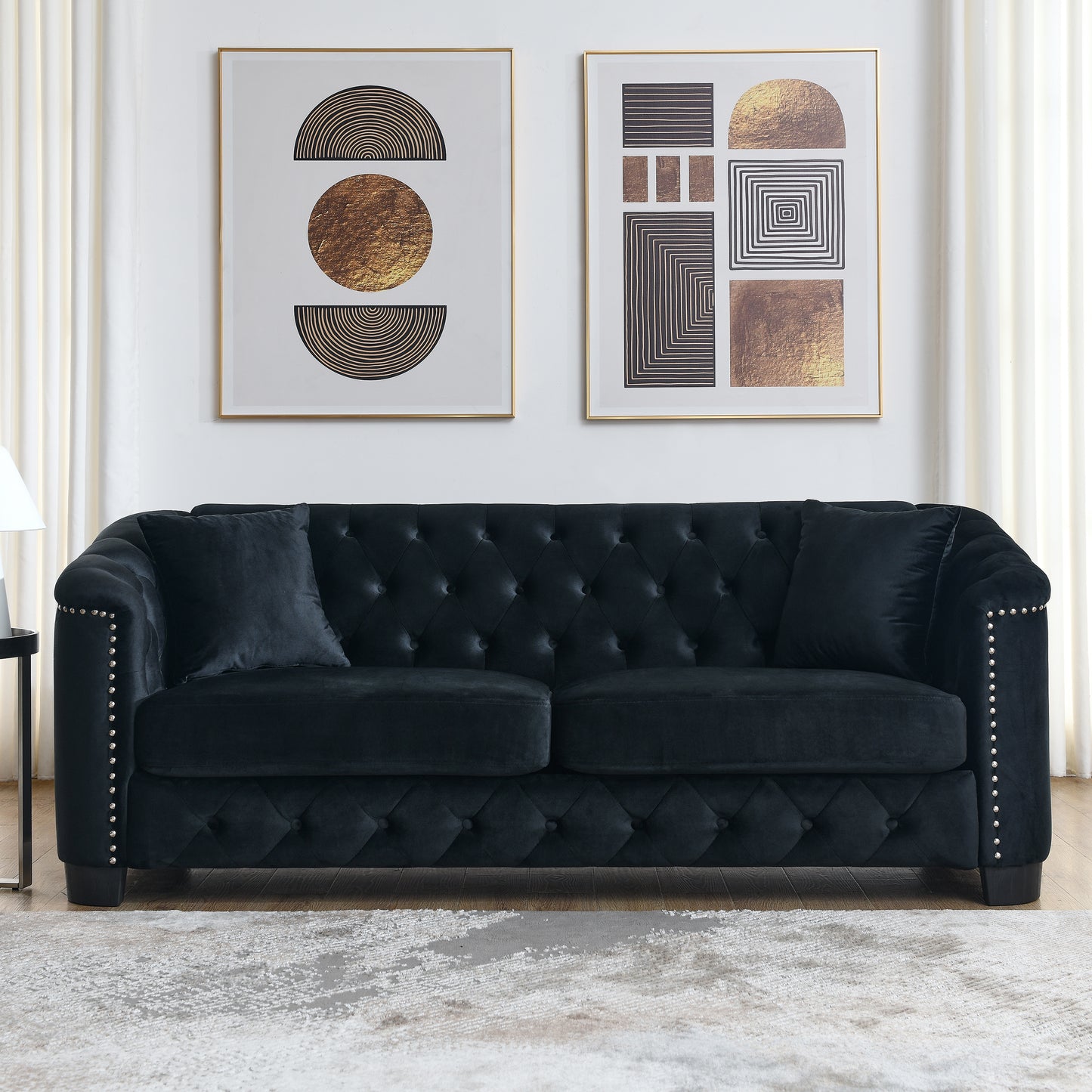 Tufted Black Velvet Living Room Sofa Set