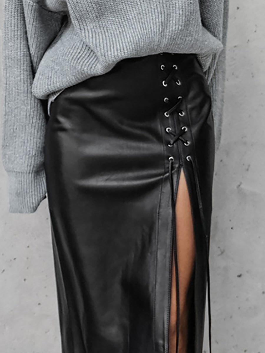 Women's Black Lace-up Leather Skirt