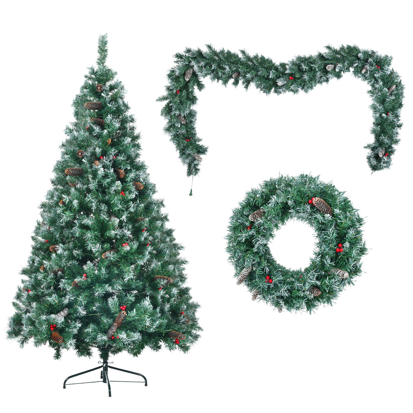 6FT Dark Green Pine Christmas Tree, Pre-Lit Set with Tree & Garland & Wreath, Hinged Artificial Xmas Tree with White Tips, Red Berries and Pine Cones, 11 Colorful Modes, Indoor Holiday Decoration