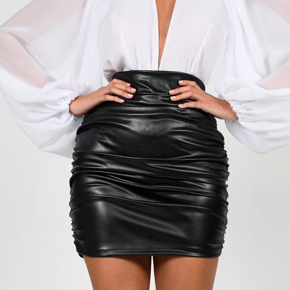 Women's Shiny Black Ruched Patent Leather Skirt