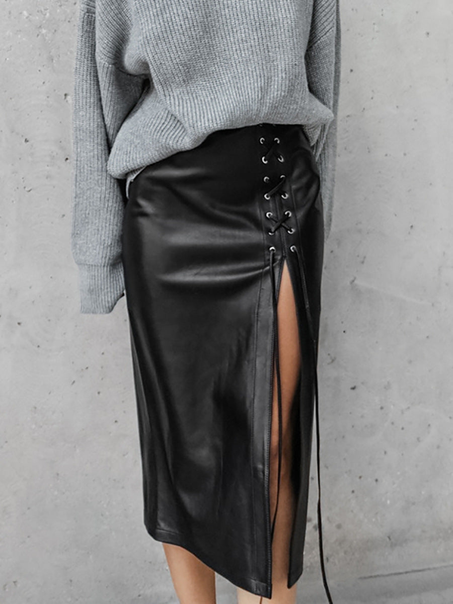 Women's Black Lace-up Leather Skirt